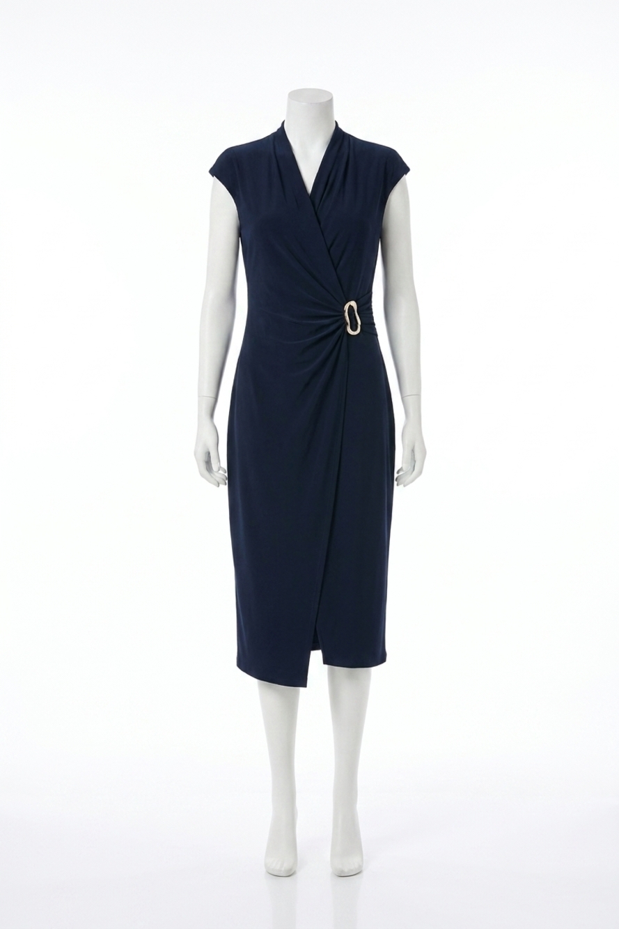 NEW JOSEPH RIBKOFF rhinestone midi wrap sheath dress in midnight blue